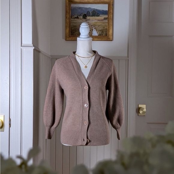 Babaton Sweaters - ARITZIA BABATON Brown Ribbed Knit Balloon Sleeve Cardigan XS